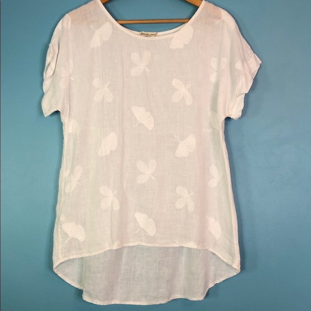 Terzo Millennio Italy Women's White Linen Embroidered Floral Hi Lo Top Size L